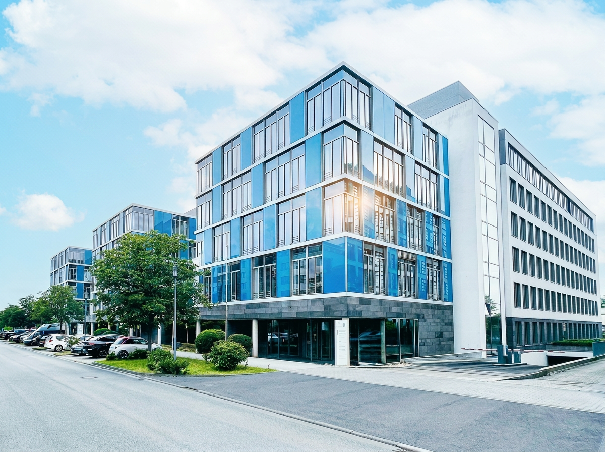 Modernes Bürogebäude im Helfmann-Park Eschborn bei Sonnenuntergang